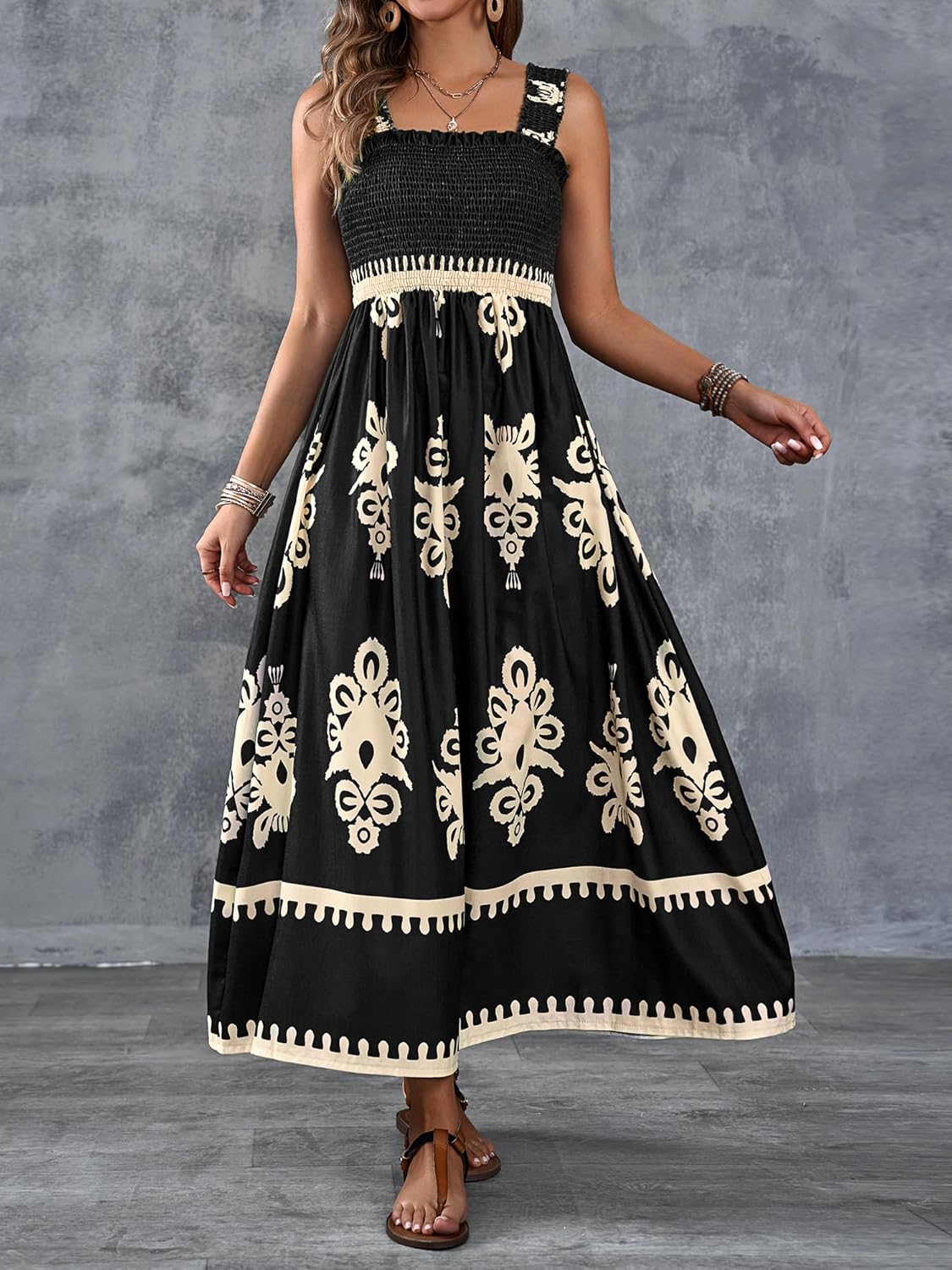 Womens Casual Sleeveless Square Neck Floral Aline Smocked Dresses with Pockets