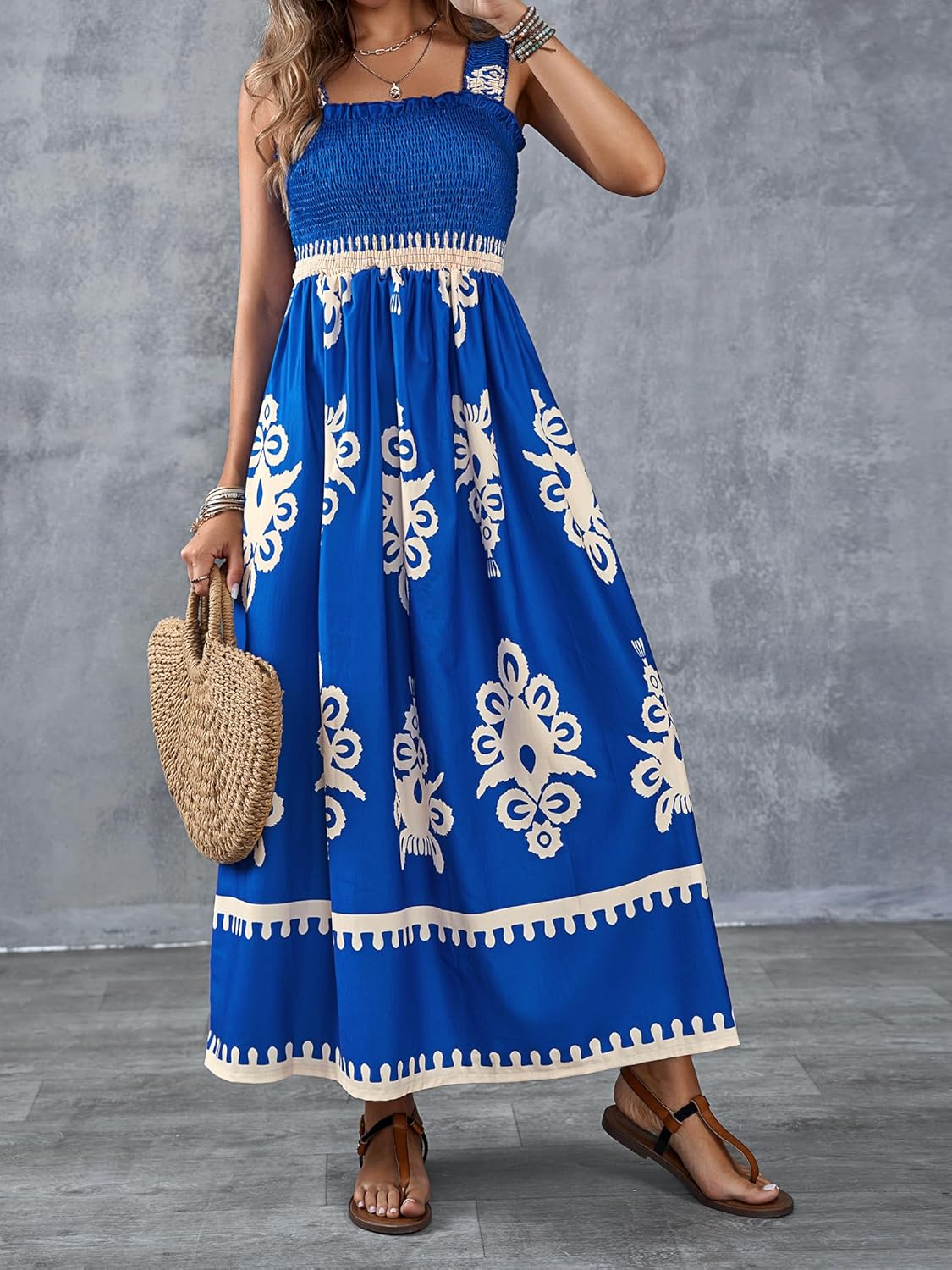 Womens Casual Sleeveless Square Neck Floral Aline Smocked Dresses with Pockets