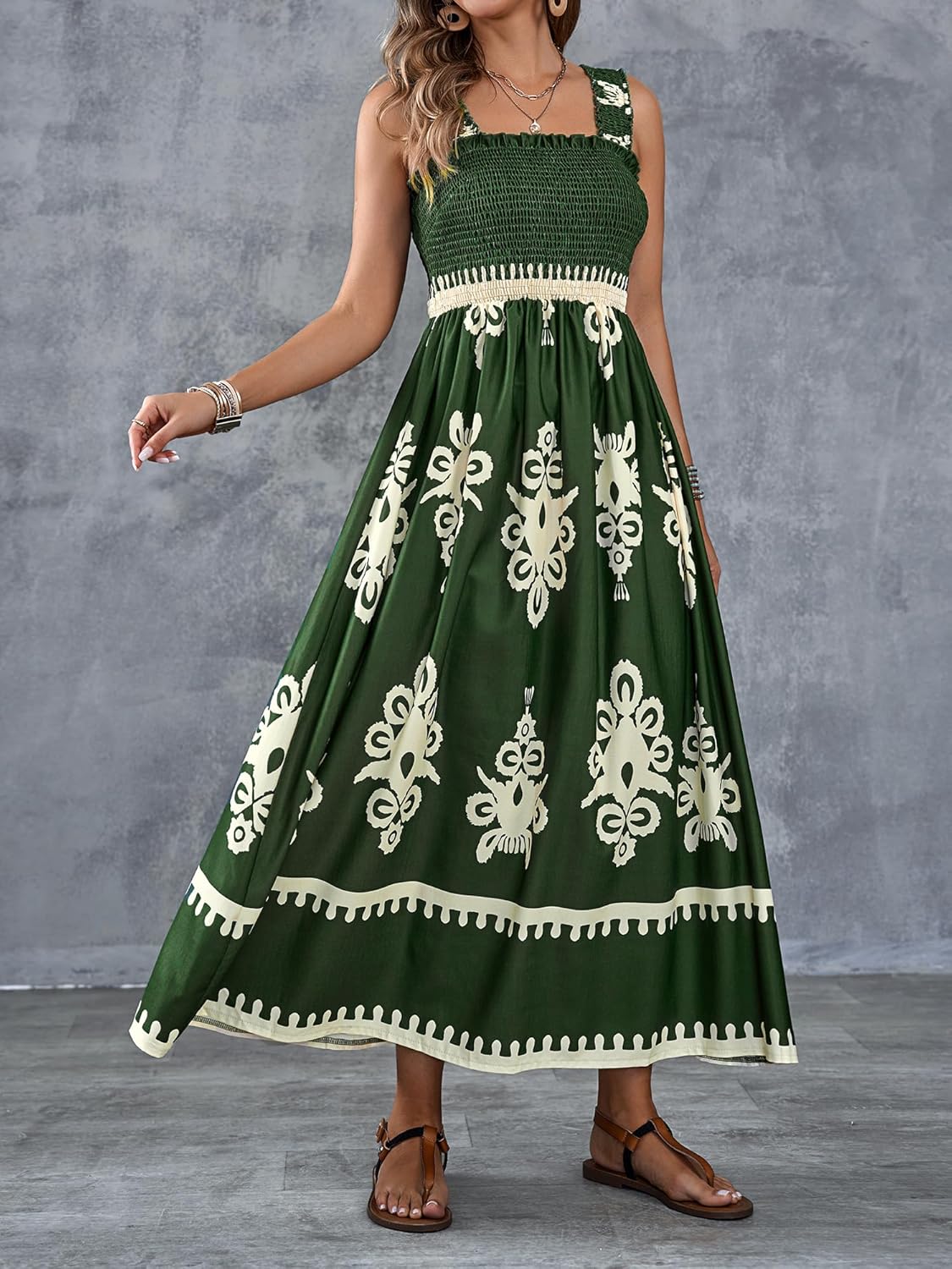 Womens Casual Sleeveless Square Neck Floral Aline Smocked Dresses with Pockets