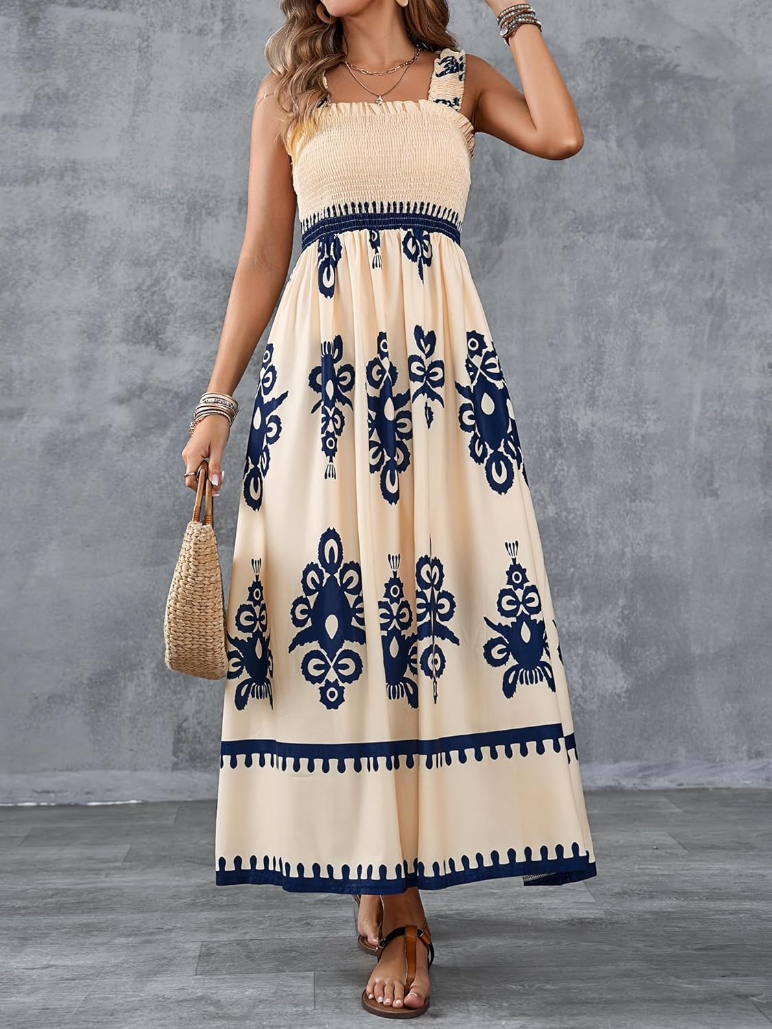 Womens Casual Sleeveless Square Neck Floral Aline Smocked Dresses with Pockets