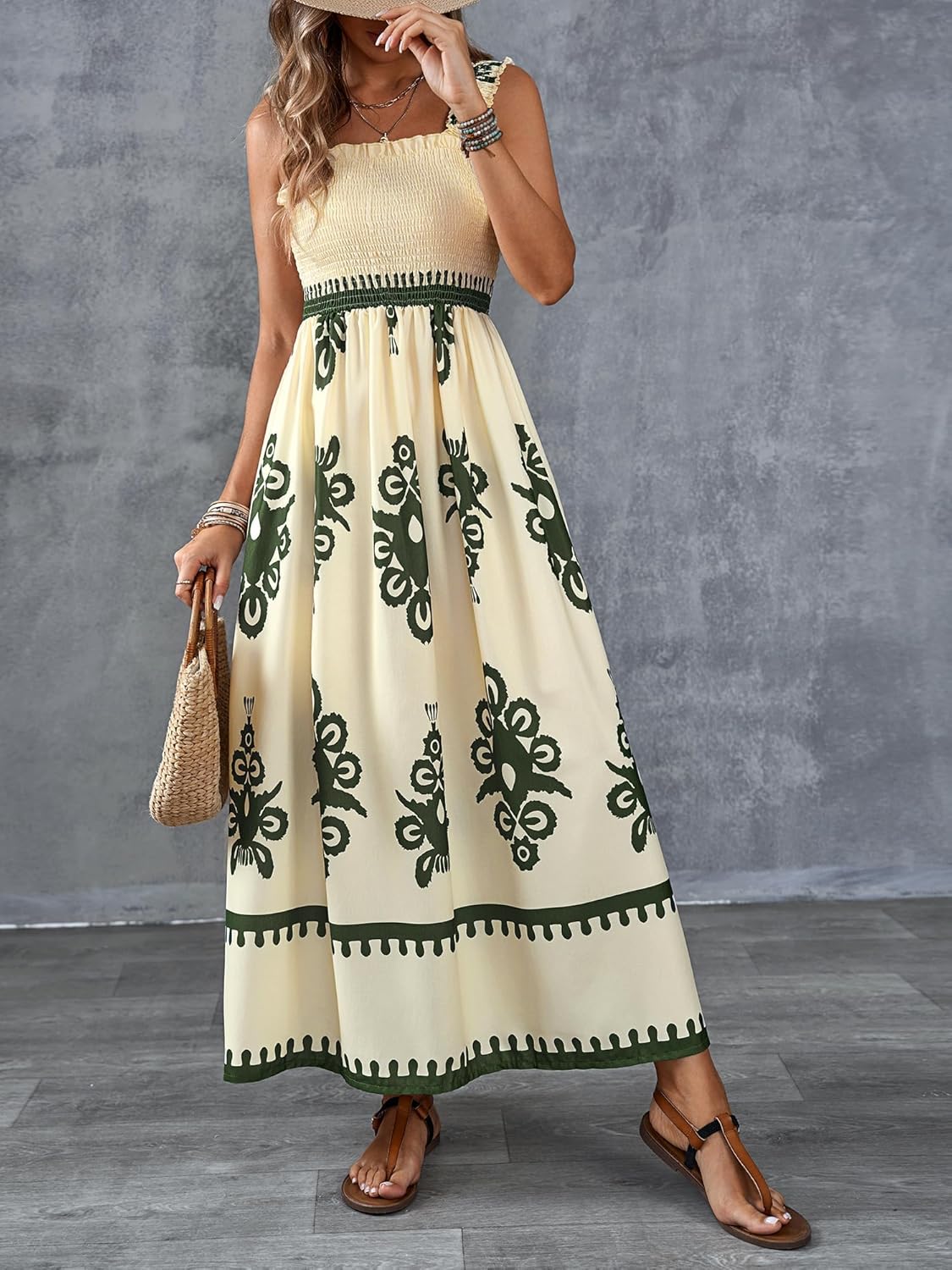 Womens Casual Sleeveless Square Neck Floral Aline Smocked Dresses with Pockets