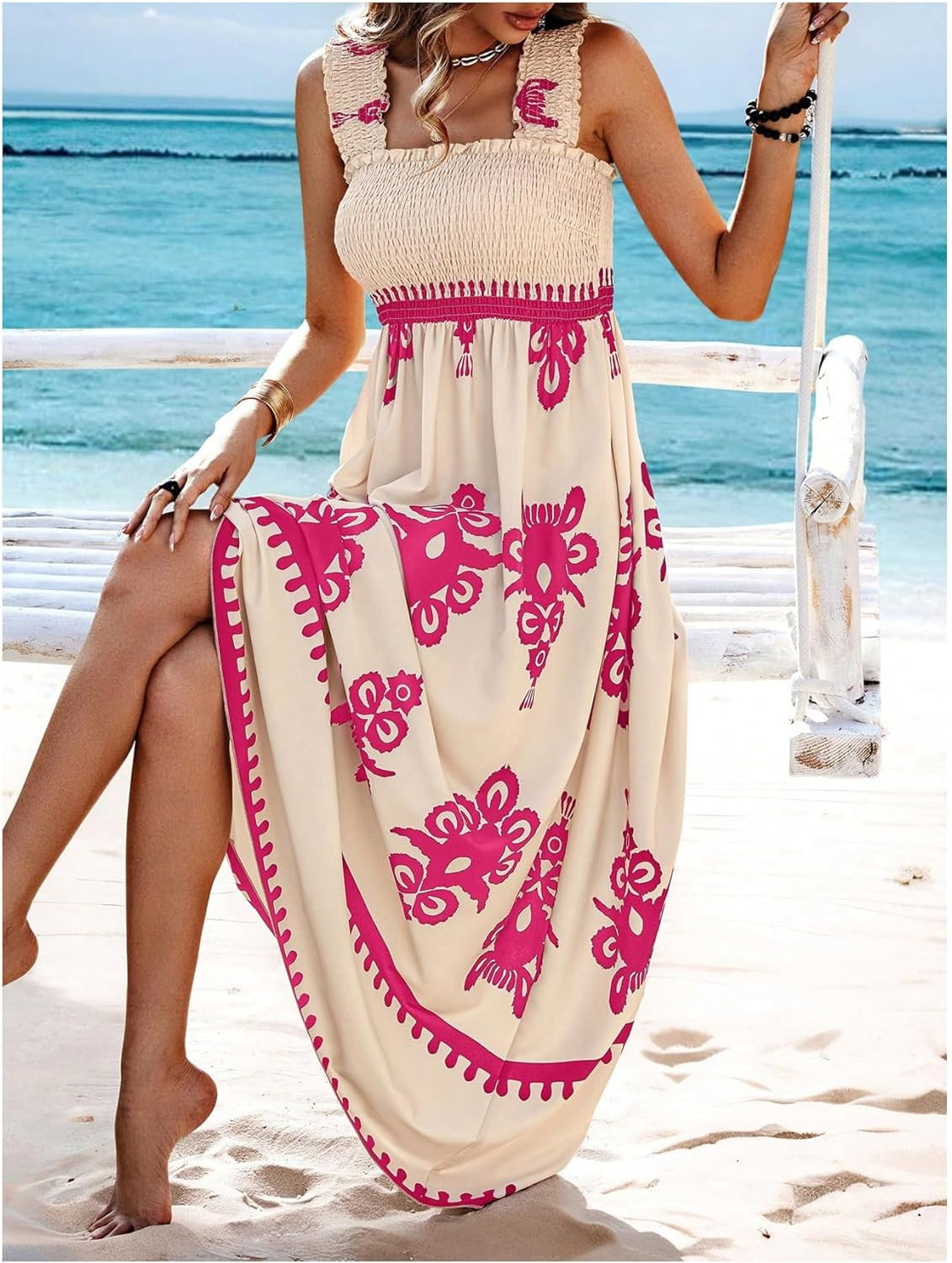 Womens Casual Sleeveless Square Neck Floral Aline Smocked Dresses with Pockets