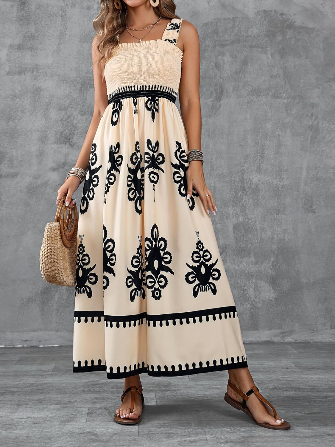 Womens Casual Sleeveless Square Neck Floral Aline Smocked Dresses with Pockets