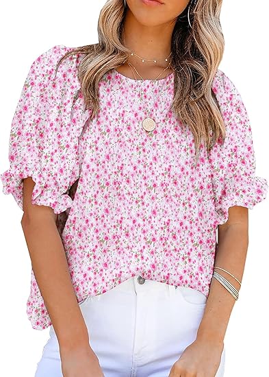 HOT SALE Women's Crewneck Smocked Puff Sleeve Floral Print Blouse