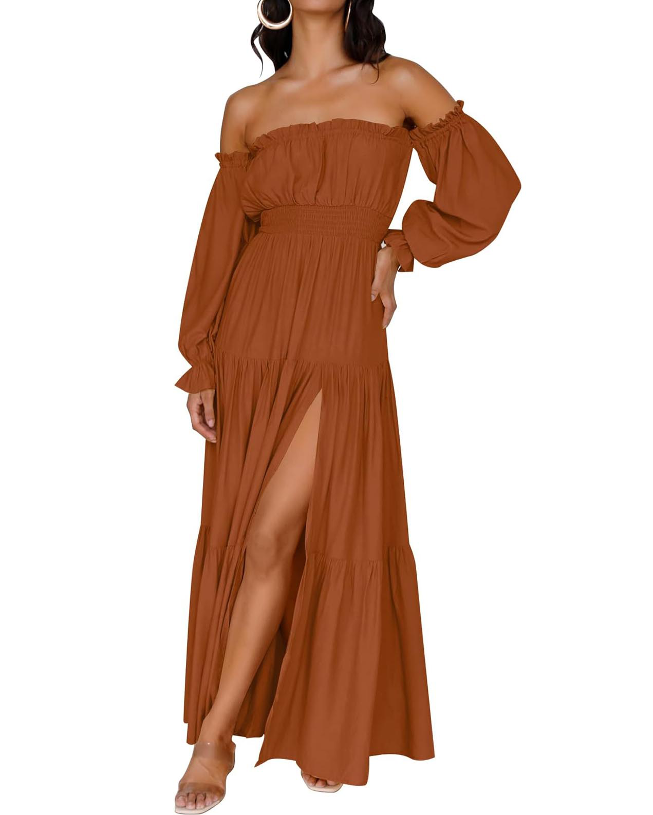 Women's Boho Sexy Off Shoulder Long Sleeve Smocked Side Split Tiered Maxi Dress