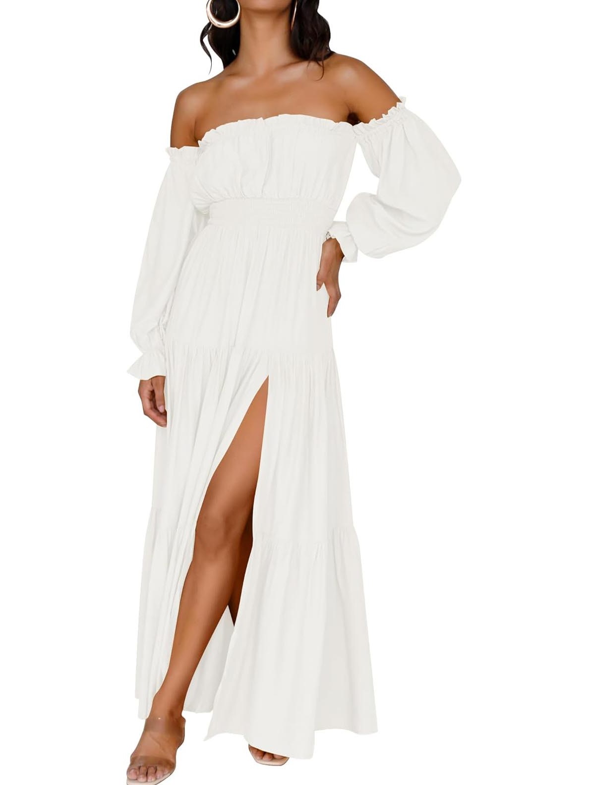 Women's Boho Sexy Off Shoulder Long Sleeve Smocked Side Split Tiered Maxi Dress