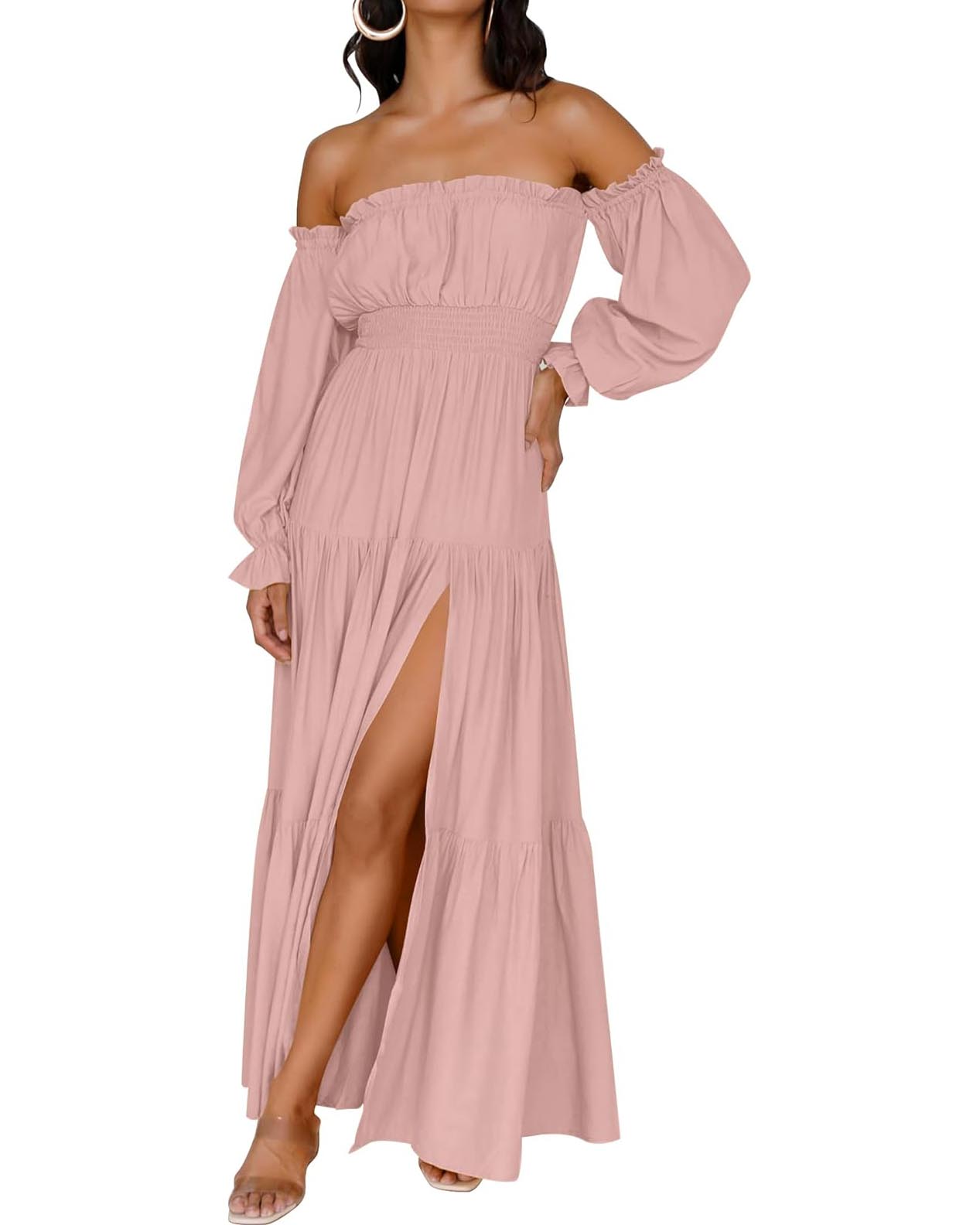 Women's Boho Sexy Off Shoulder Long Sleeve Smocked Side Split Tiered Maxi Dress