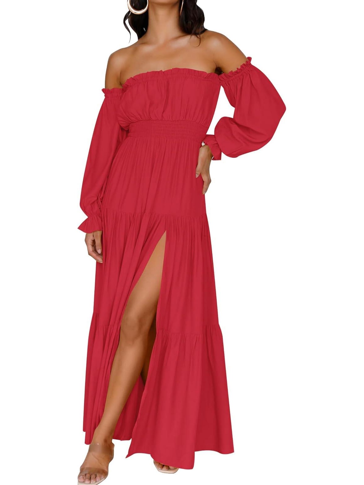 Women's Boho Sexy Off Shoulder Long Sleeve Smocked Side Split Tiered Maxi Dress