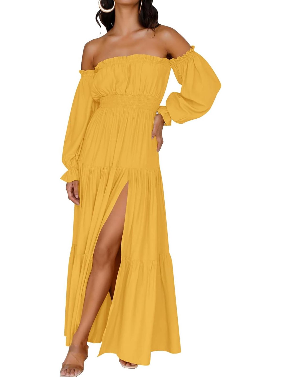 Women's Boho Sexy Off Shoulder Long Sleeve Smocked Side Split Tiered Maxi Dress