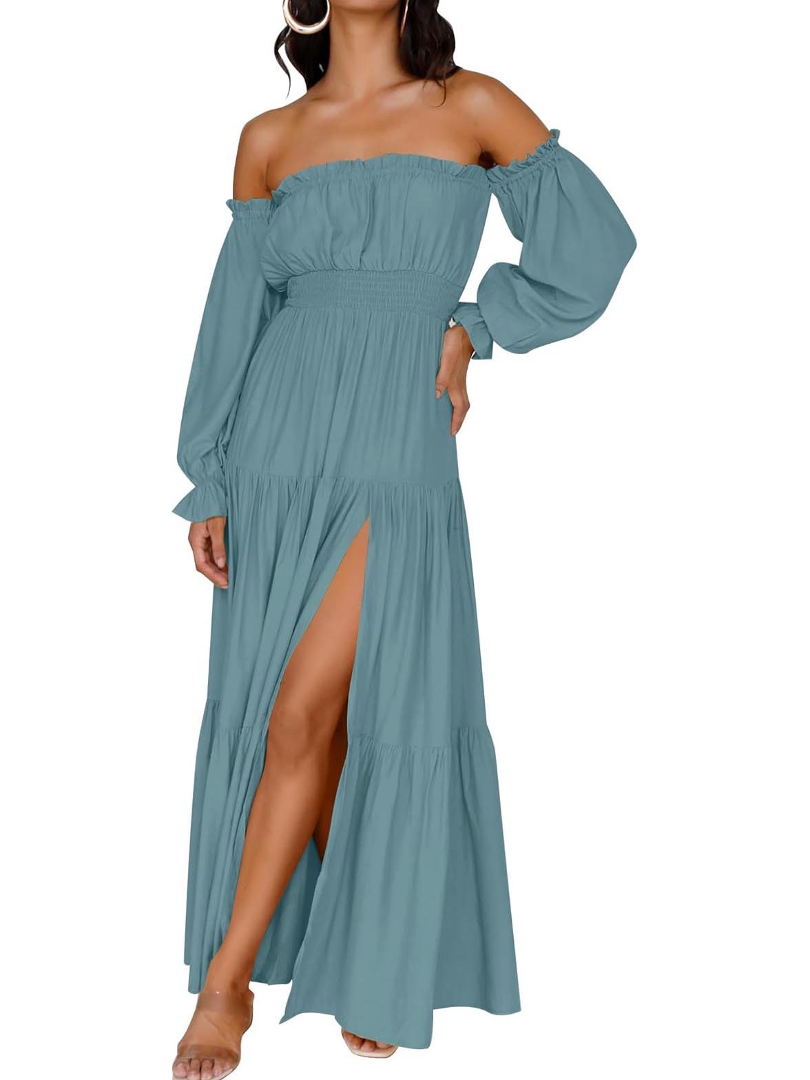 Women's Boho Sexy Off Shoulder Long Sleeve Smocked Side Split Tiered Maxi Dress