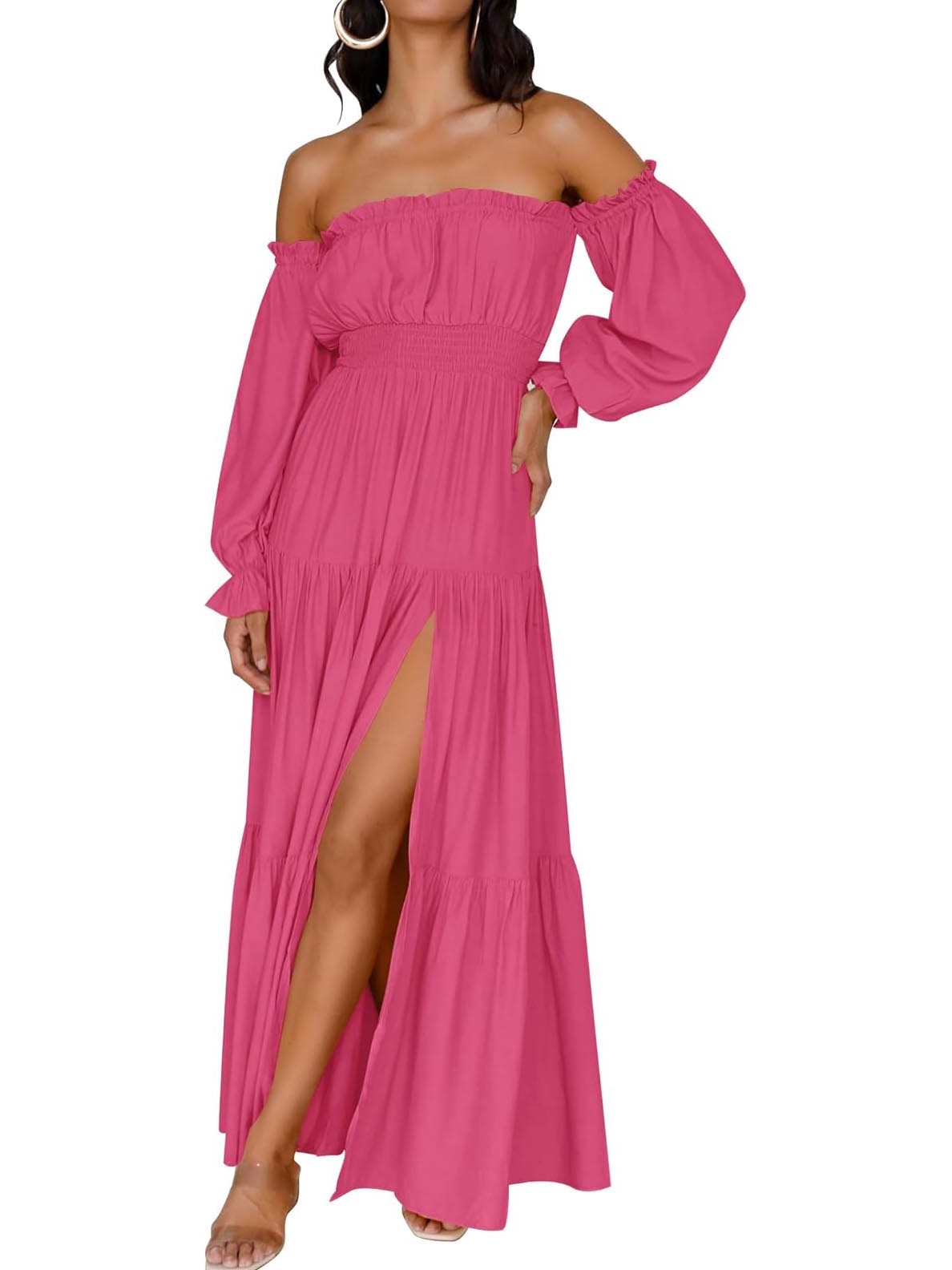 Women's Boho Sexy Off Shoulder Long Sleeve Smocked Side Split Tiered Maxi Dress