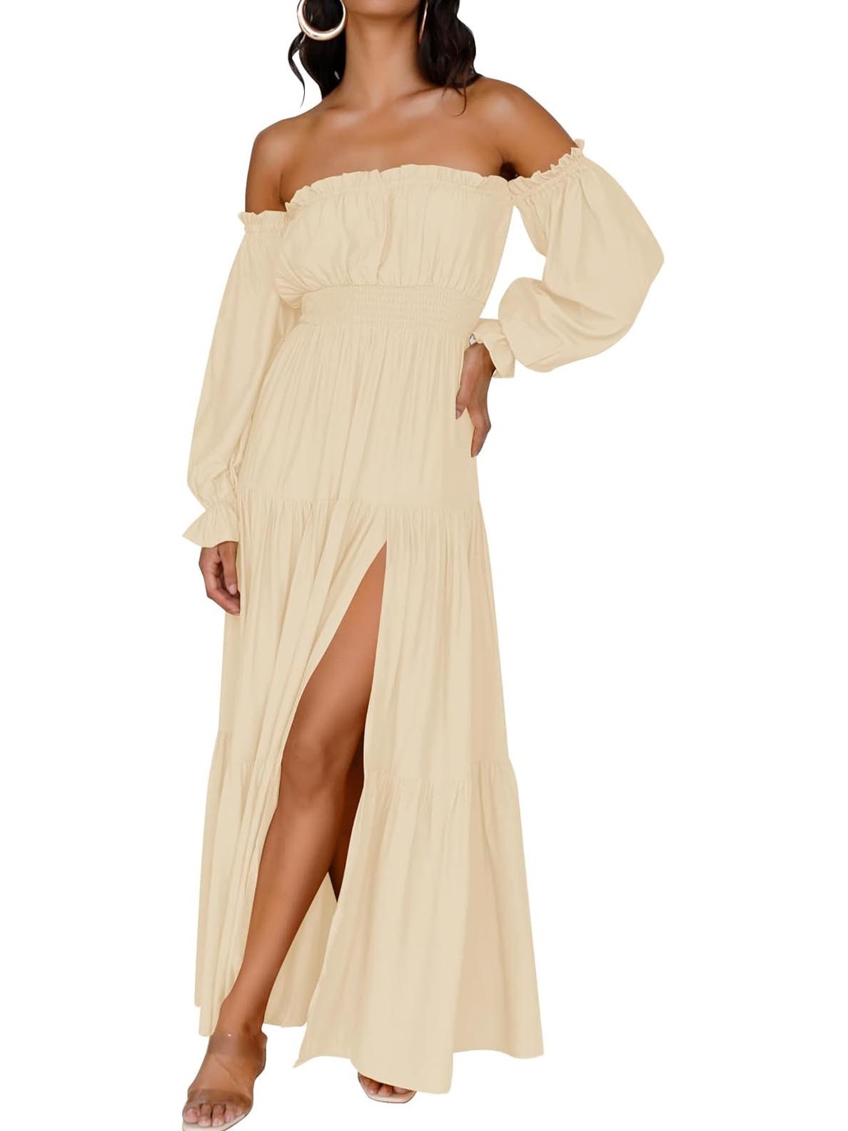 Women's Boho Sexy Off Shoulder Long Sleeve Smocked Side Split Tiered Maxi Dress