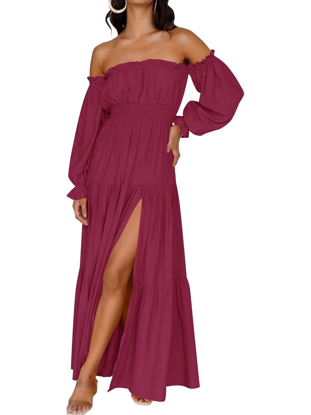 Women's Boho Sexy Off Shoulder Long Sleeve Smocked Side Split Tiered Maxi Dress