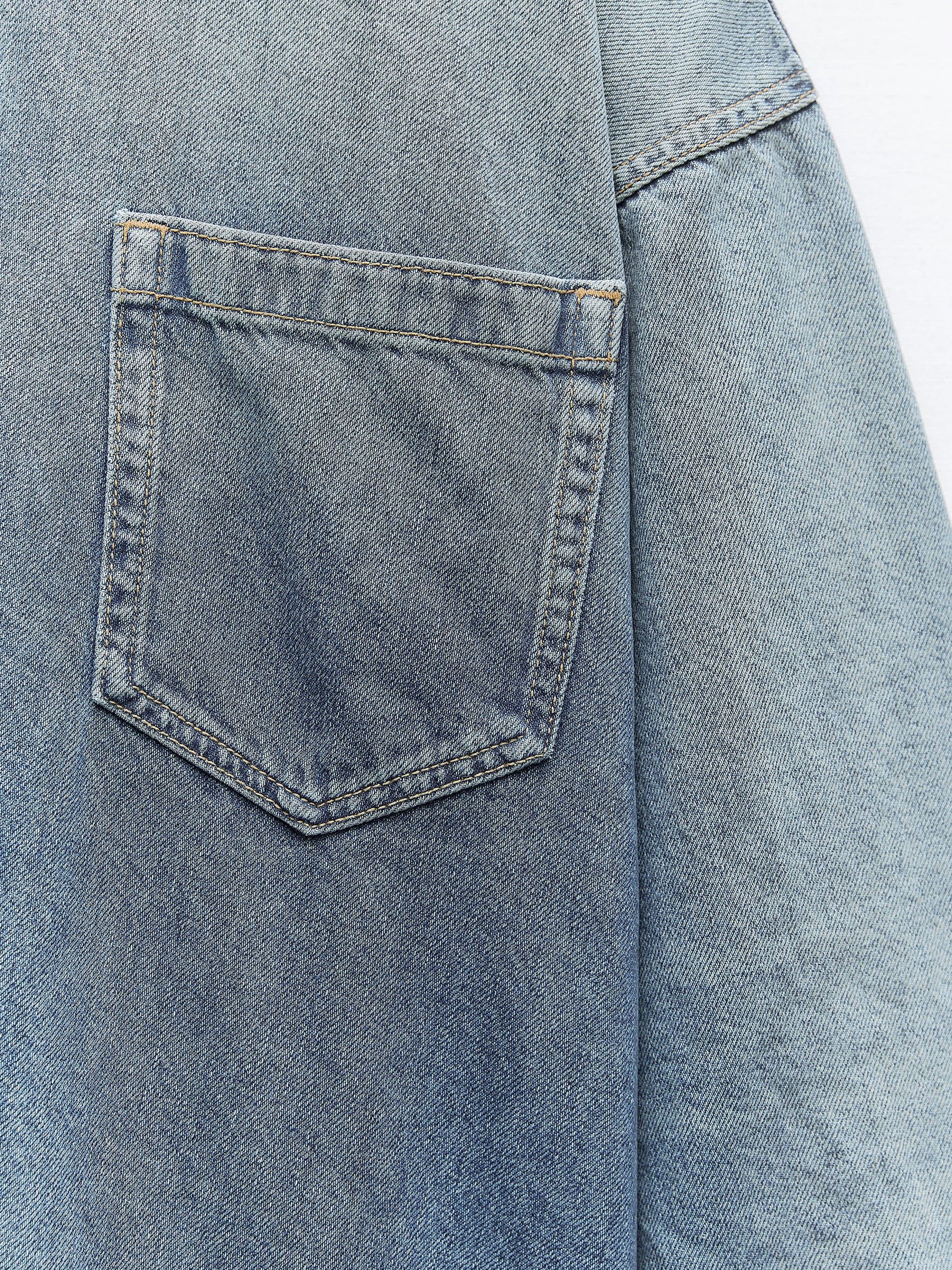 Women's Half-Zip Collared Vintage Loose Denim Dress Long Sleeve Casual Top