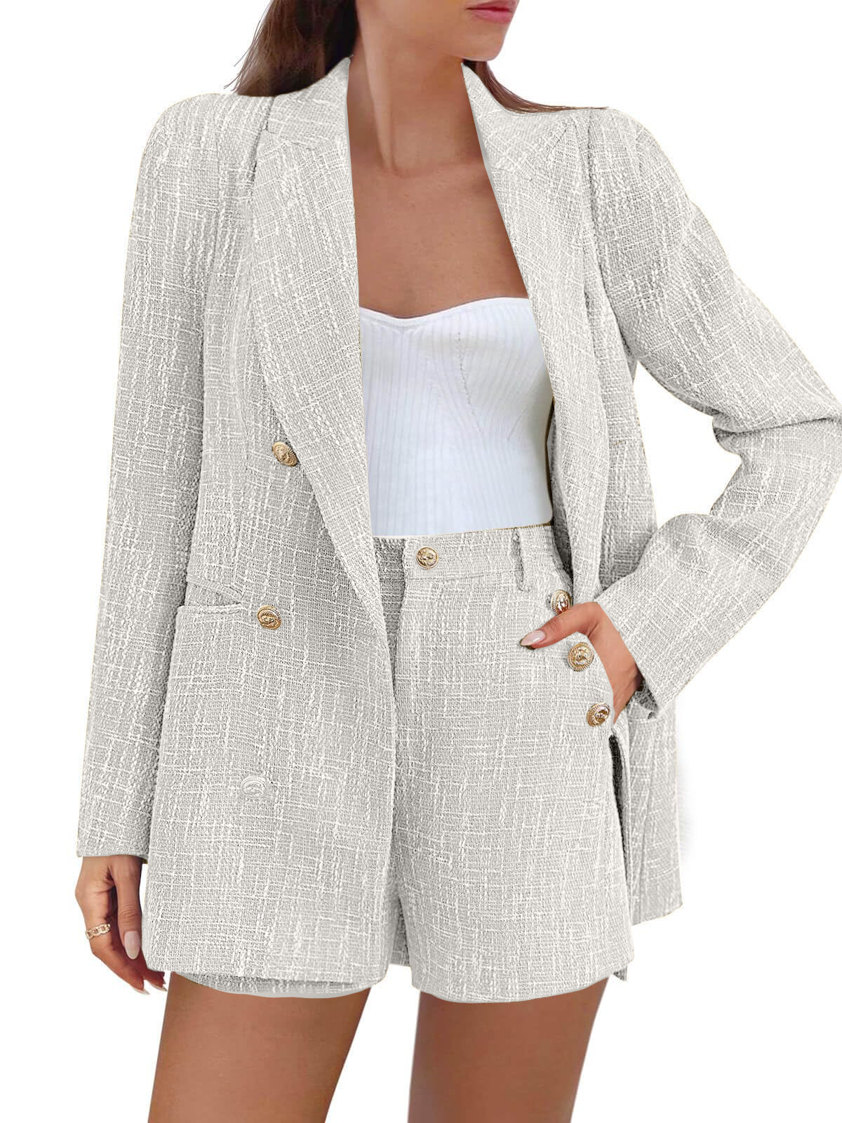 HOT SALE Women's Double Breasted Tweed Suit Set Button Jacket and Shorts