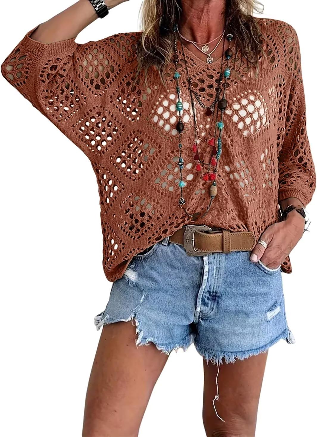 Women's Summer V Neck Crochet Top Boho Beach Swimsuit Coverups