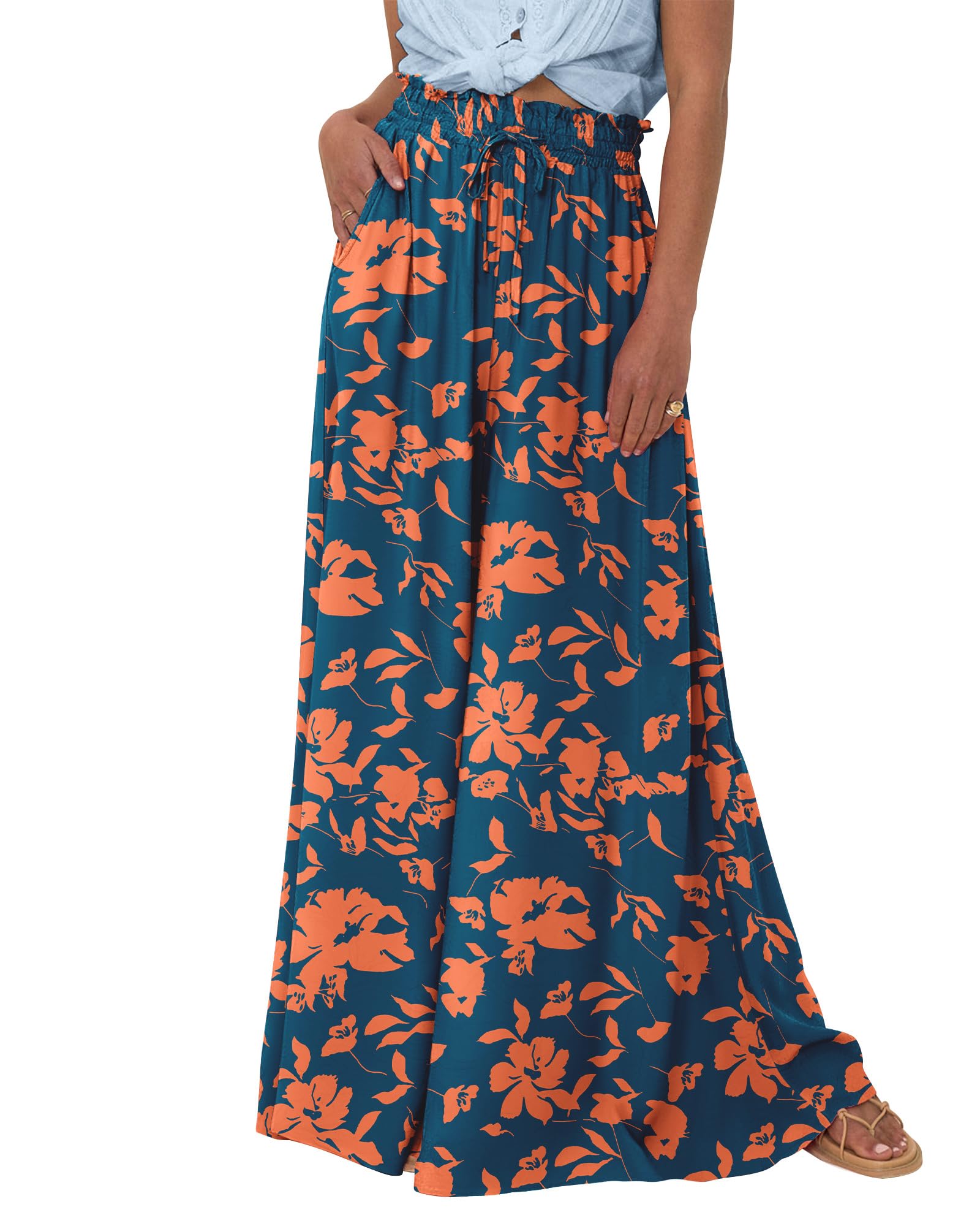 HOT SALE Women's Casual Floral Solid High Waist Wide Leg Pants