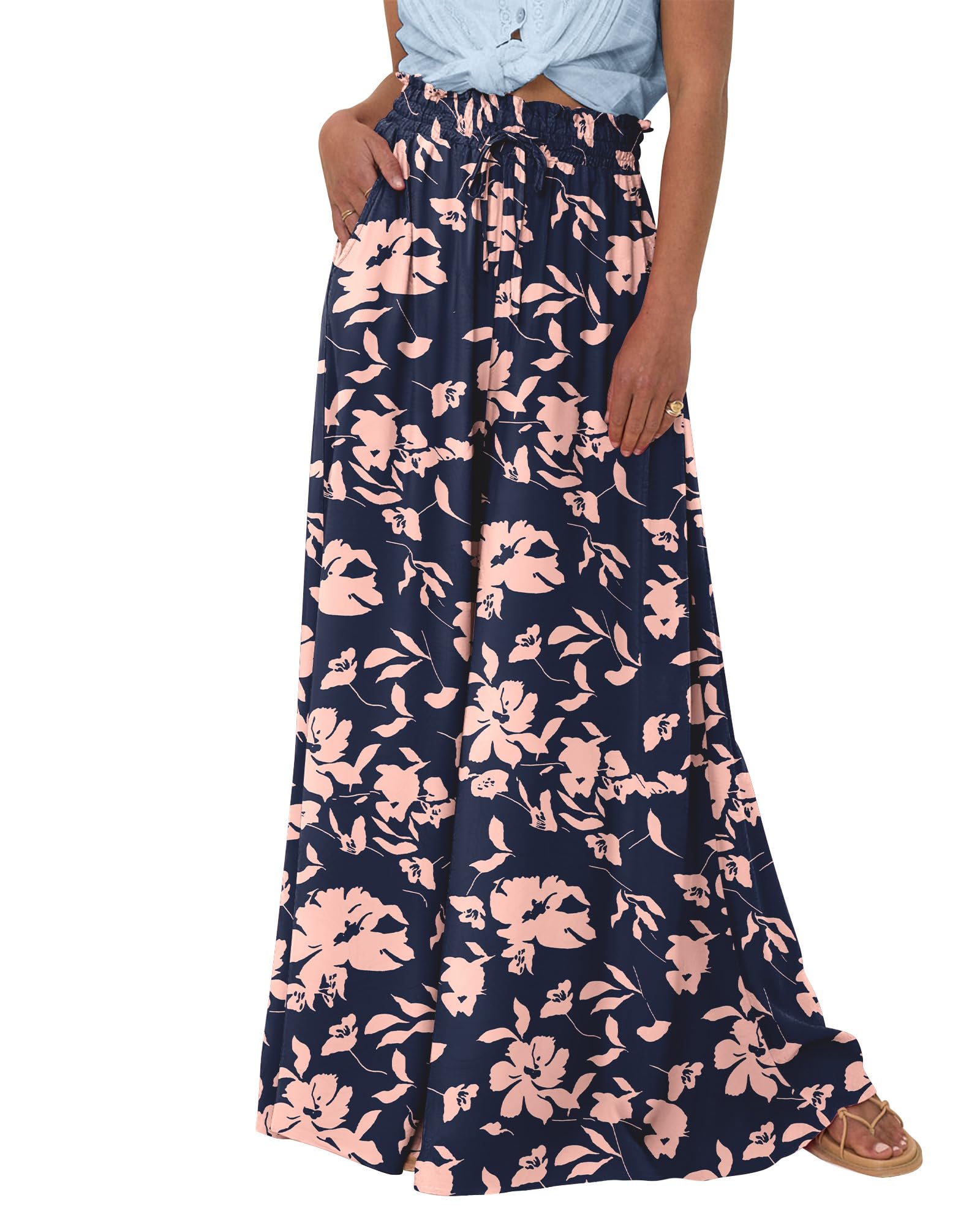 HOT SALE Women's Casual Floral Solid High Waist Wide Leg Pants