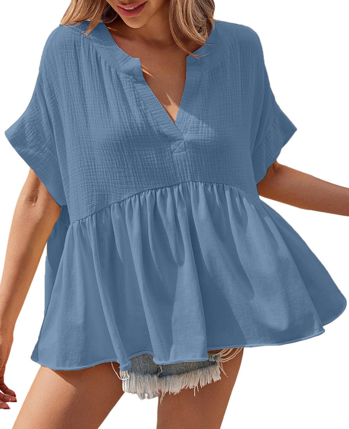 🔥Women's Babydoll Tops V Neck Short Sleeve Pleated Shirts