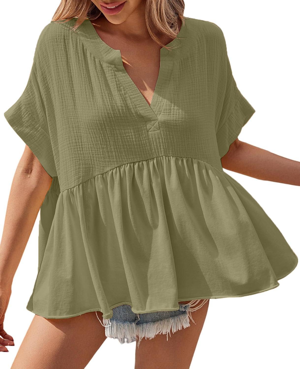 🔥Women's Babydoll Tops V Neck Short Sleeve Pleated Shirts