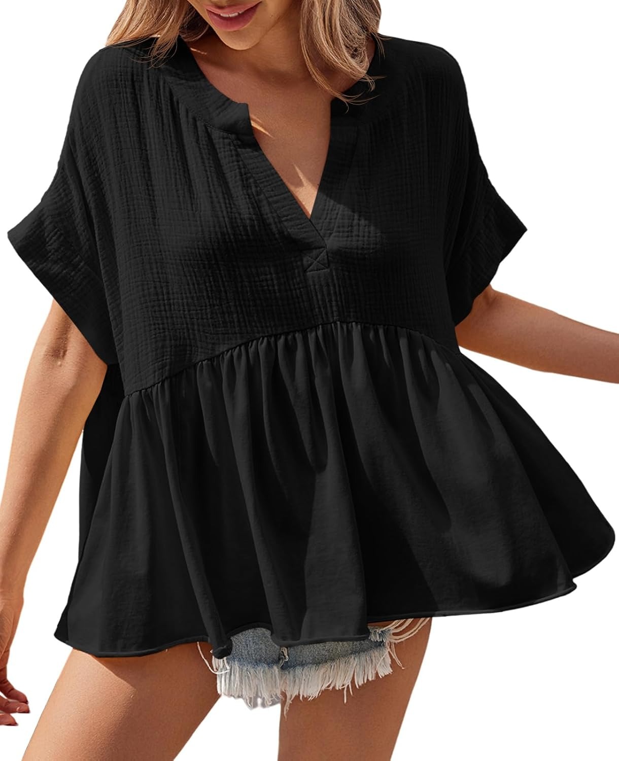 🔥Women's Babydoll Tops V Neck Short Sleeve Pleated Shirts