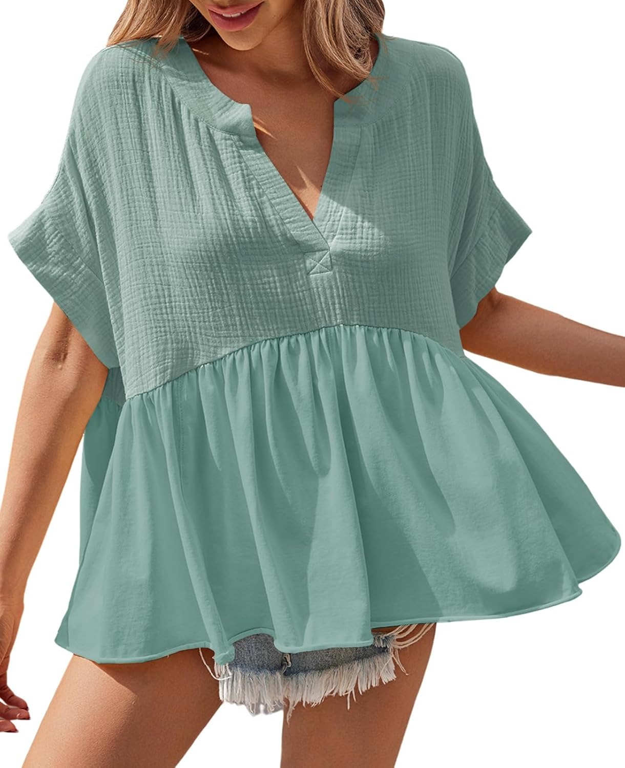🔥Women's Babydoll Tops V Neck Short Sleeve Pleated Shirts