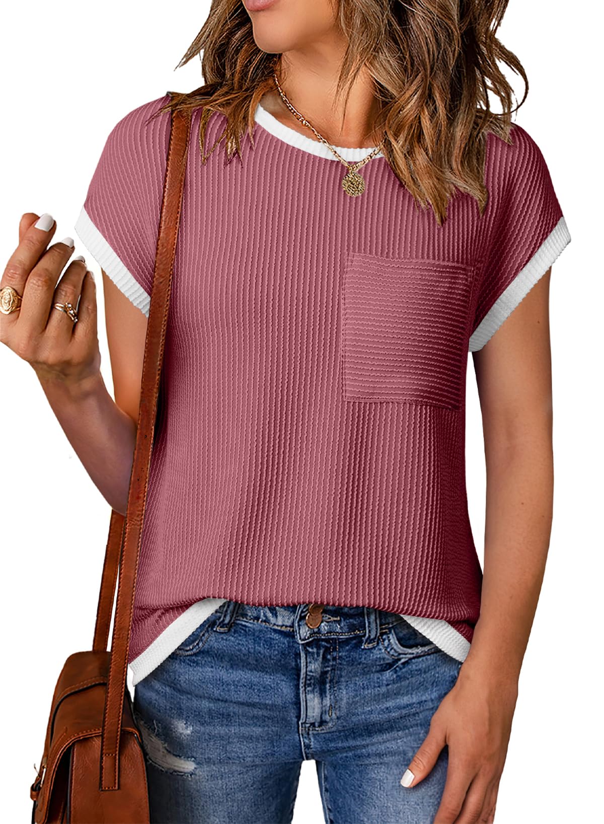HOT SALE Women's Short Sleeve T Shirts Crewneck Color Block Ribbed Knit Tee