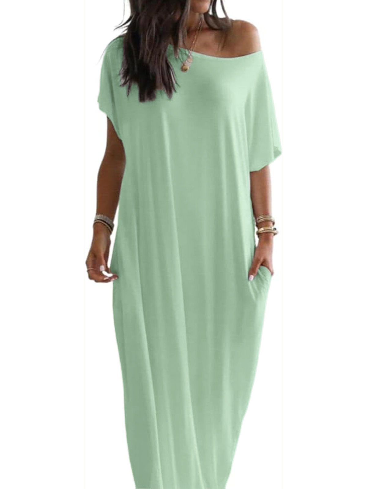 Women's Off-shoulder Solid Color Bat Sleeve Dress Casual Long Dress(BUY 2 FREE SHIPPING)