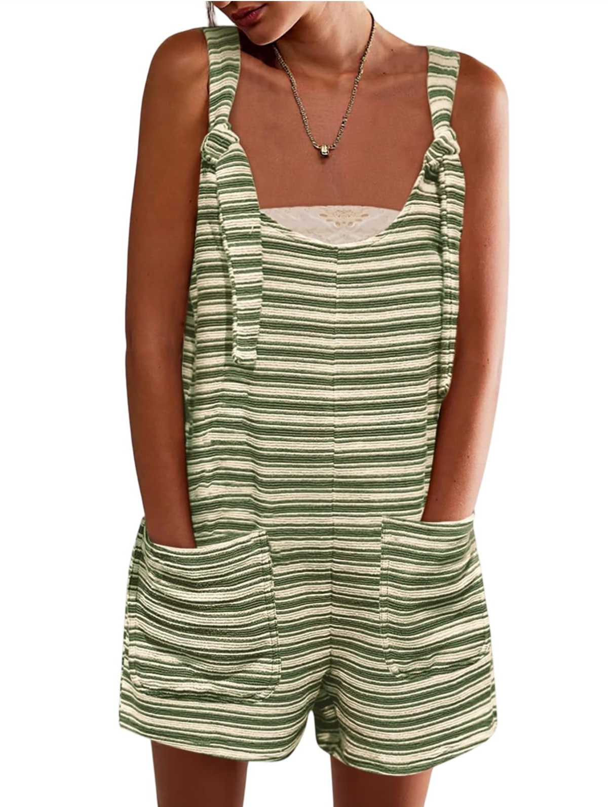🔥Women's Sleeveless Loose Striped Tied Shorts Overalls Romper with Pockets