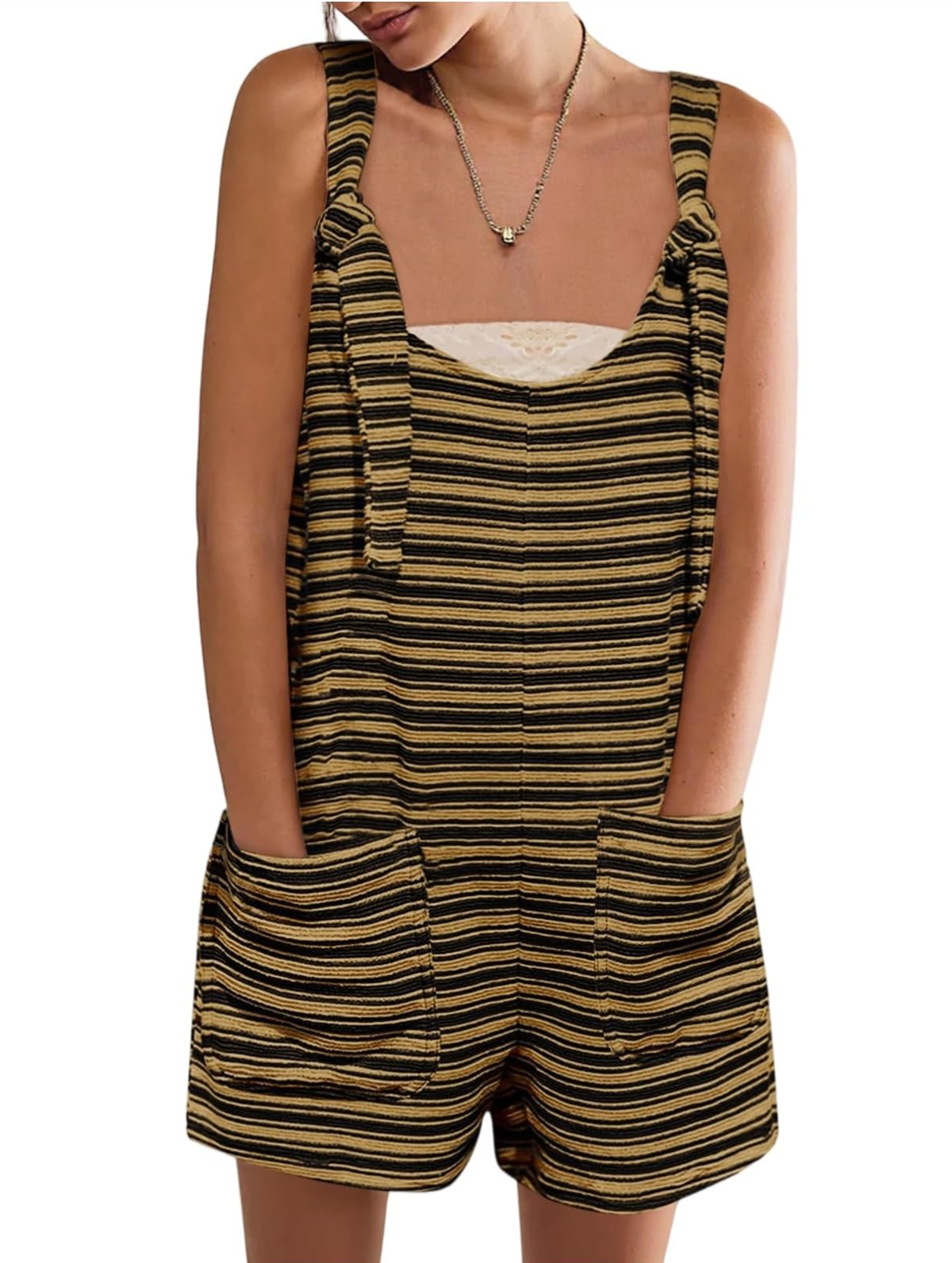 🔥Women's Sleeveless Loose Striped Tied Shorts Overalls Romper with Pockets