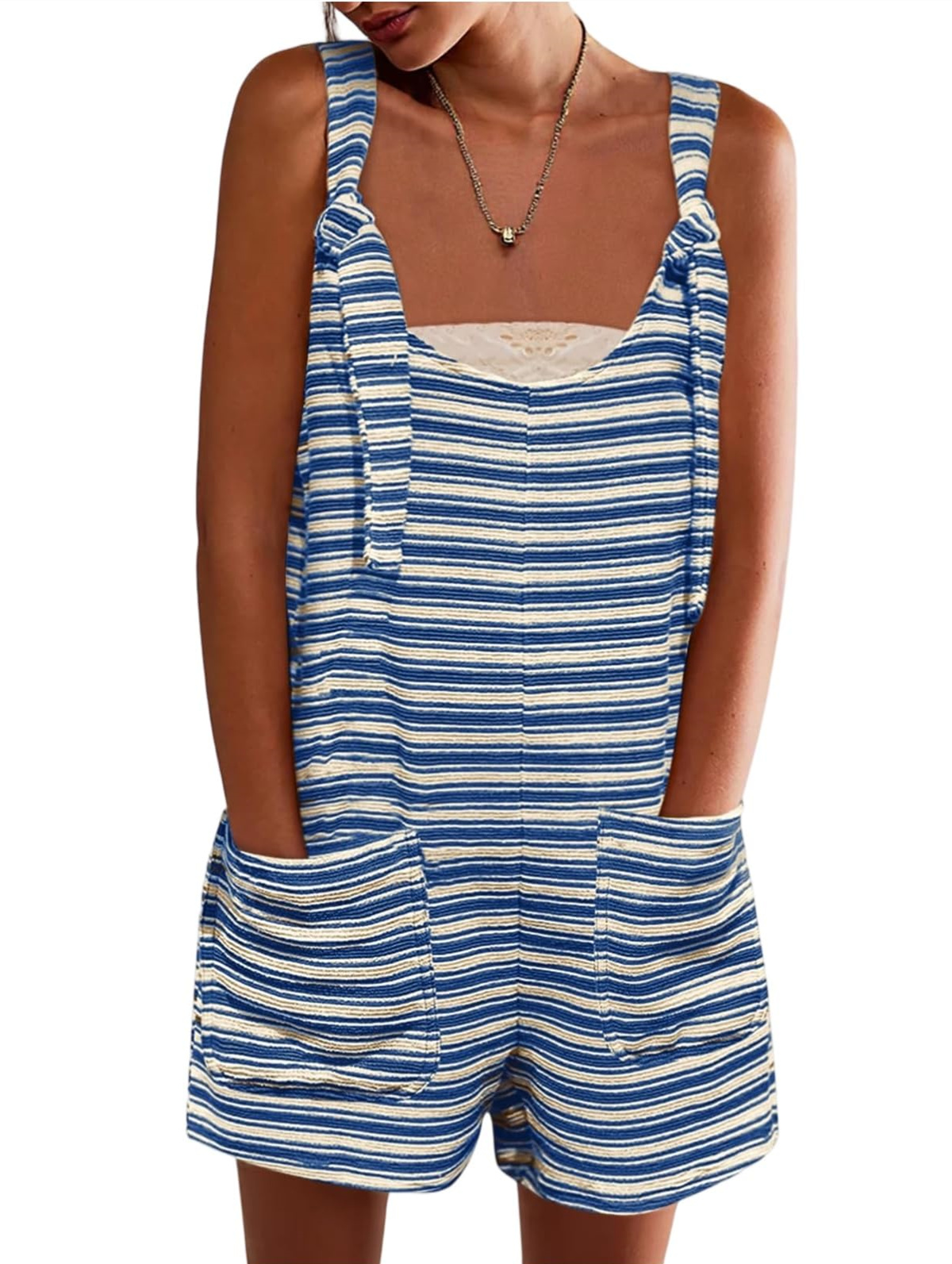 🔥Women's Sleeveless Loose Striped Tied Shorts Overalls Romper with Pockets