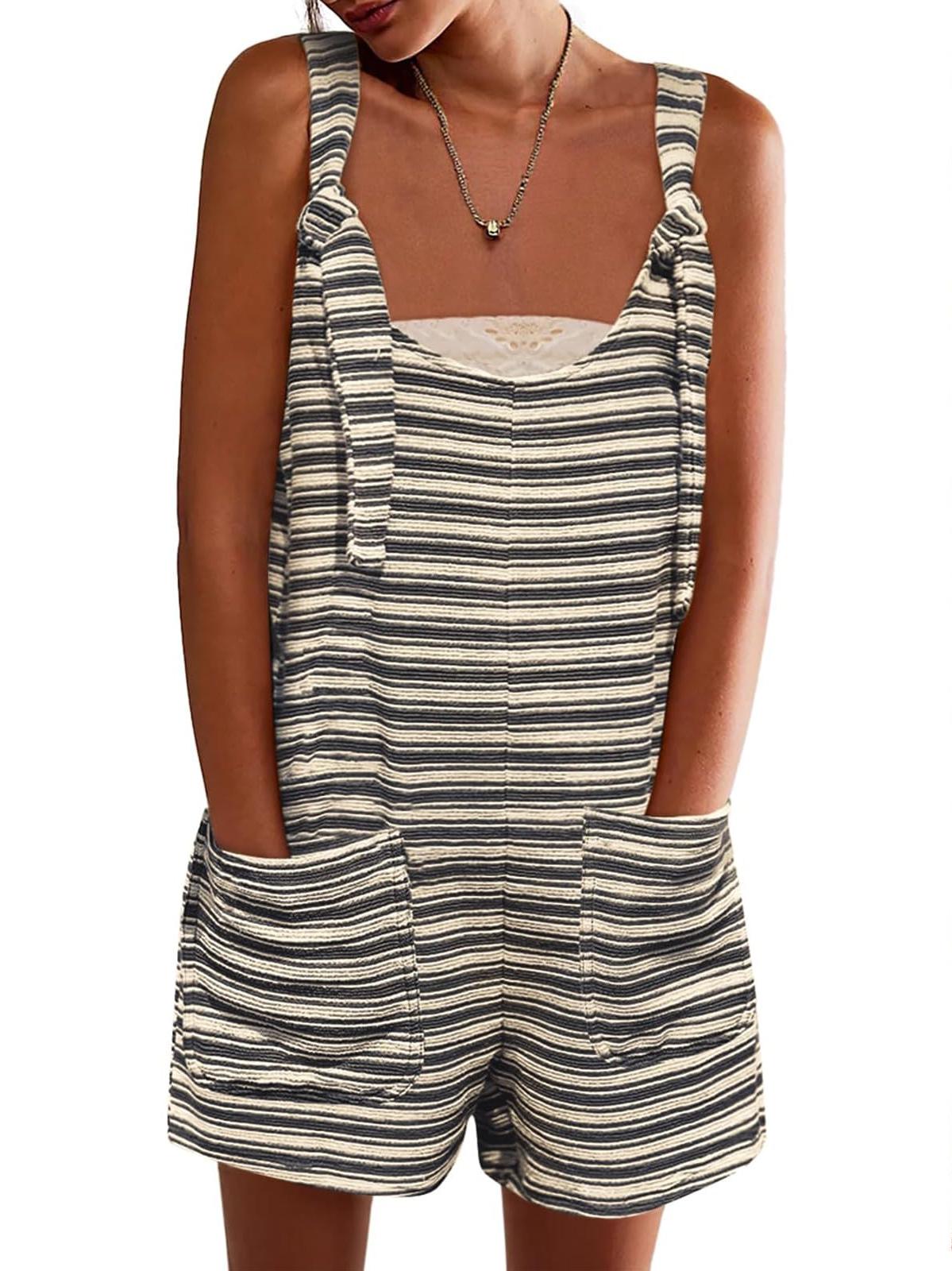 🔥Women's Sleeveless Loose Striped Tied Shorts Overalls Romper with Pockets