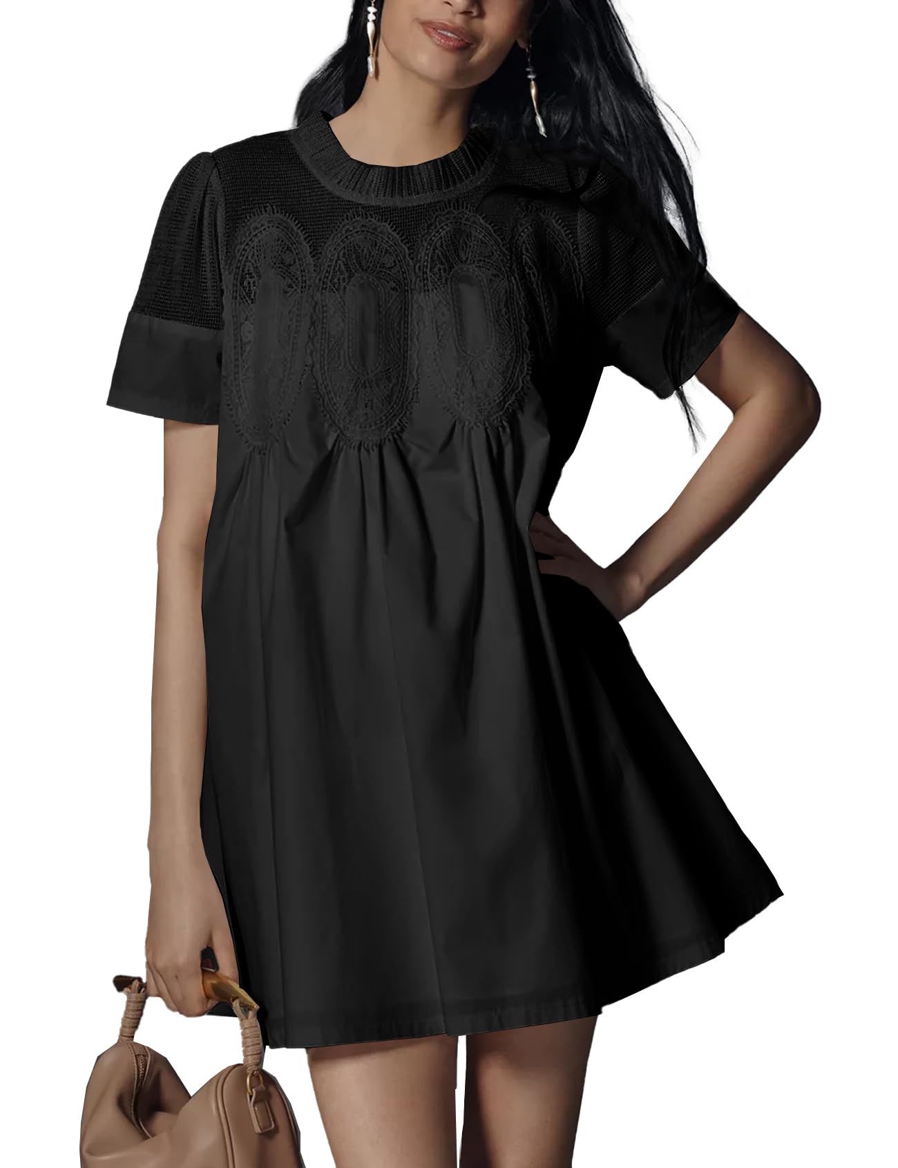 🎀Women's Lace Short Sleeve Crewneck Sheer Mesh Casual Loose Ruffle Babydoll Dresses