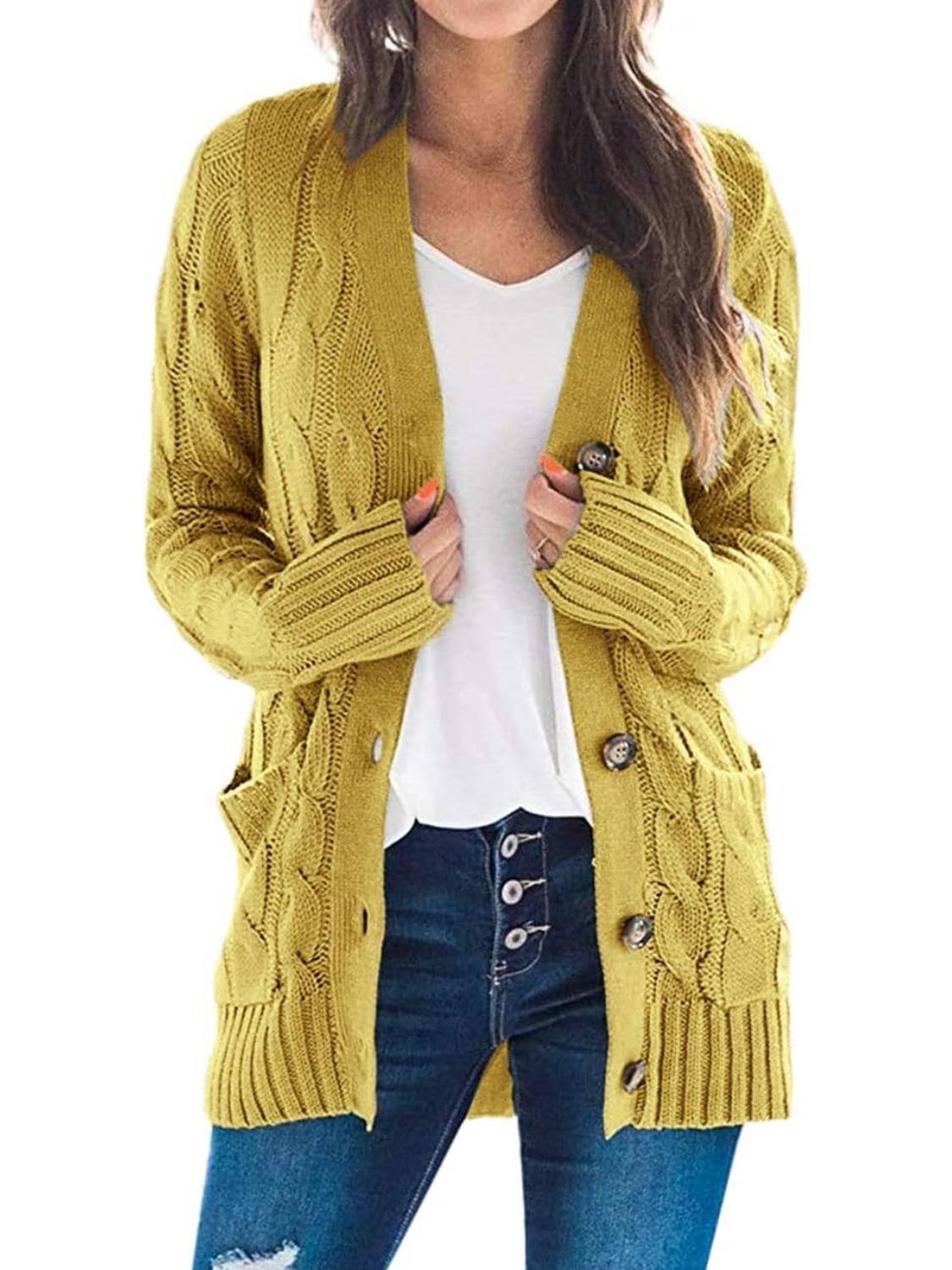 HOT SALE Women's Button Down Open Front Cable Knit Cardigan Sweater