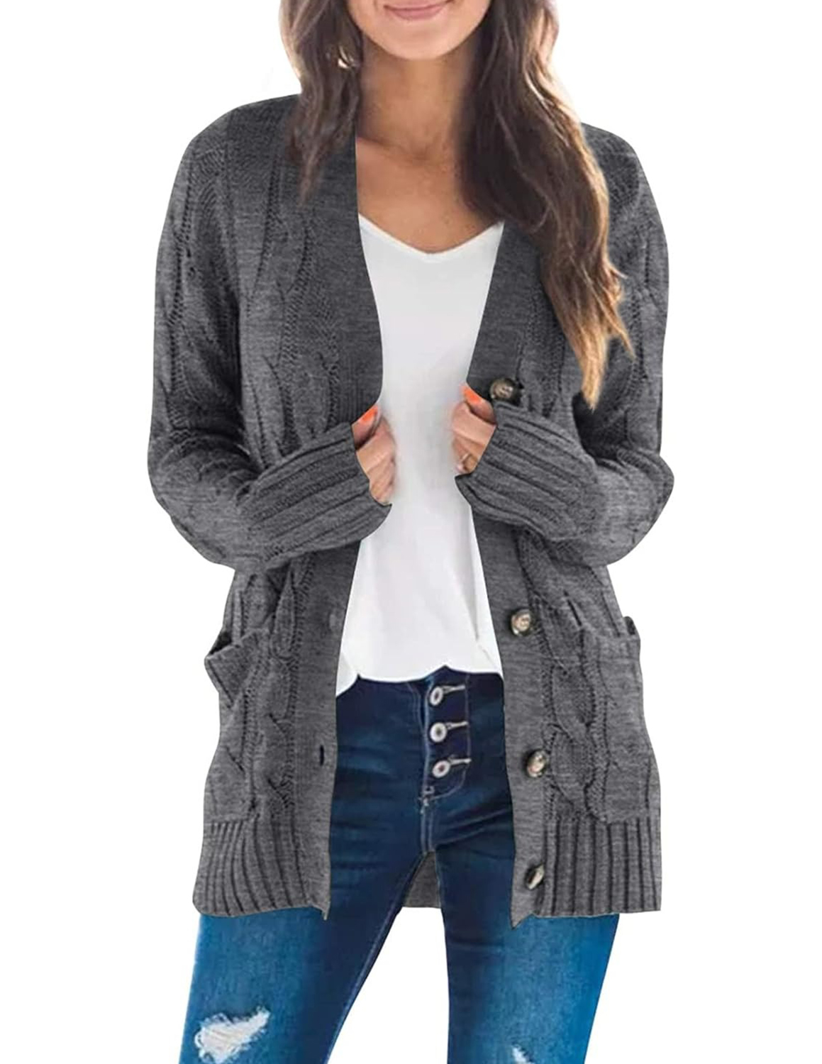 HOT SALE Women's Button Down Open Front Cable Knit Cardigan Sweater
