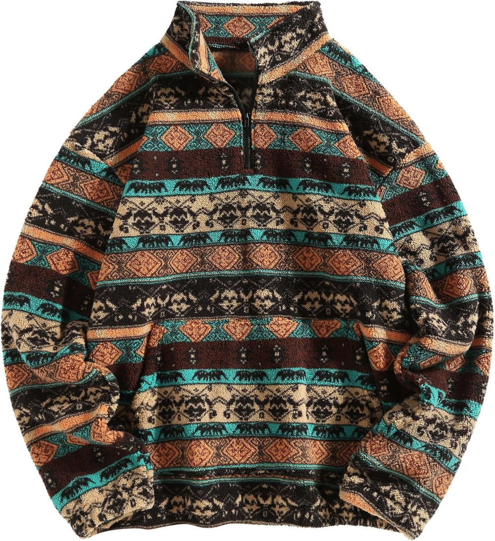HOT SALE Women's Geometric Print Half Zip Sherpa Pullover Sweatshirt