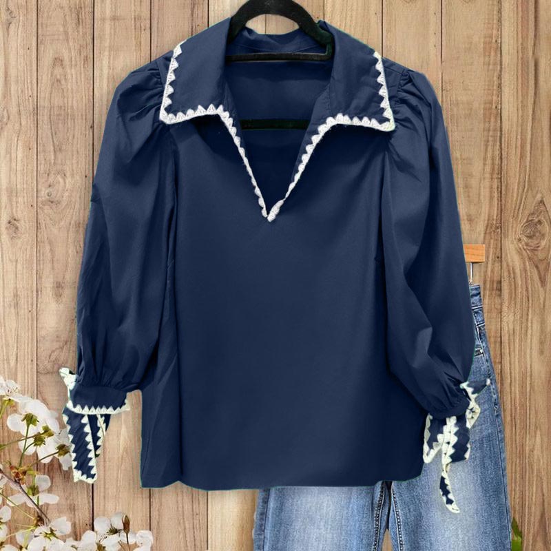 Women's Puff Sleeve Blouse V-Neck Lace Trim