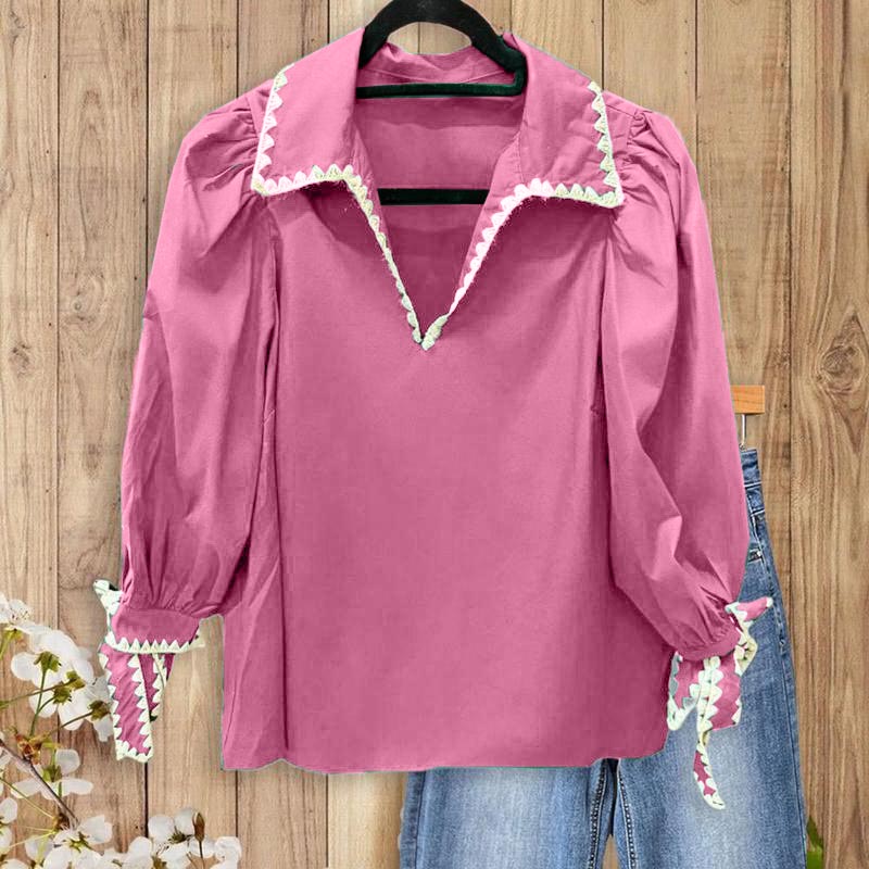 Women's Puff Sleeve Blouse V-Neck Lace Trim