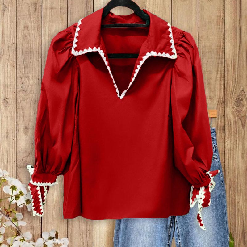 Women's Puff Sleeve Blouse V-Neck Lace Trim