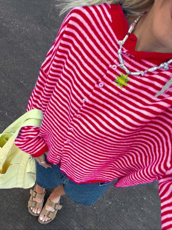 Women‘s Rolled Hem Striped Button Cardigan