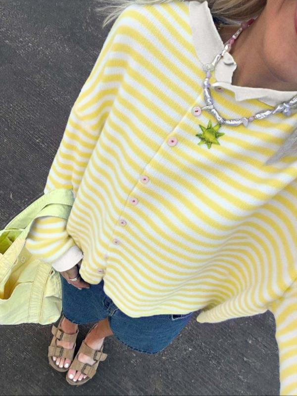 Women‘s Rolled Hem Striped Button Cardigan