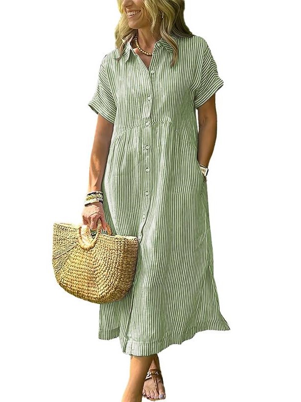 Women's Striped Side Slit Loose Shirt Dress with Pockets
