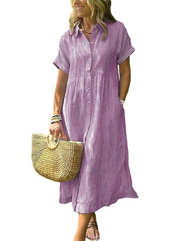 Women's Striped Side Slit Loose Shirt Dress with Pockets