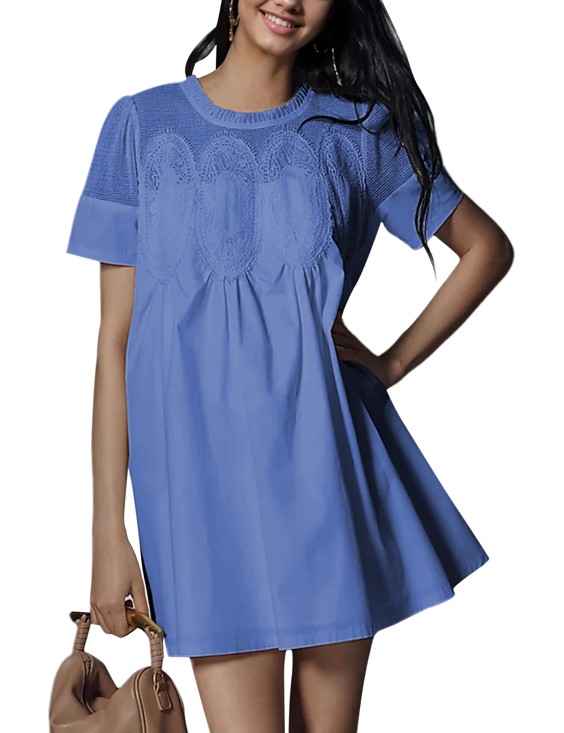 🎀Women's Lace Short Sleeve Crewneck Sheer Mesh Casual Loose Ruffle Babydoll Dresses