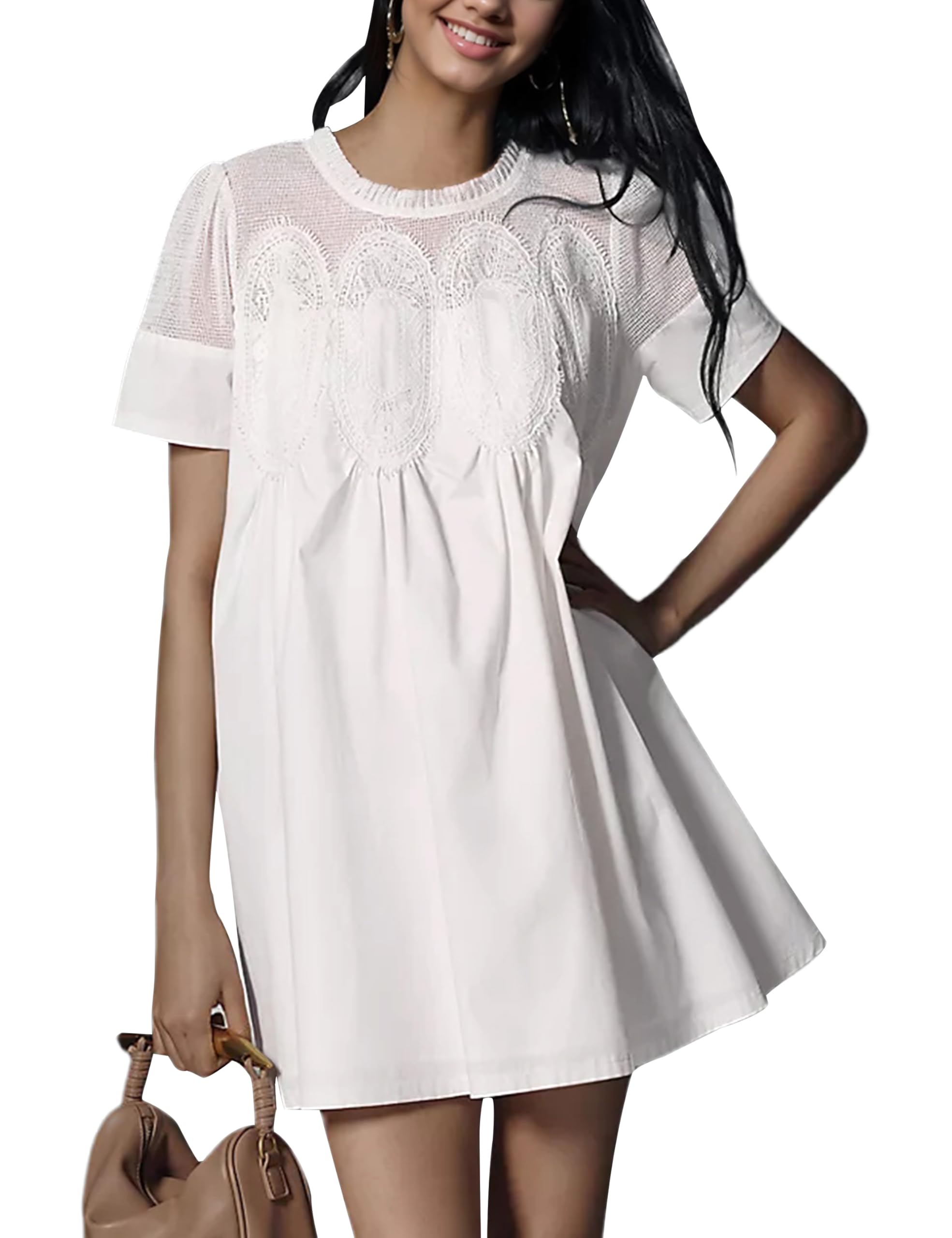 🎀Women's Lace Short Sleeve Crewneck Sheer Mesh Casual Loose Ruffle Babydoll Dresses