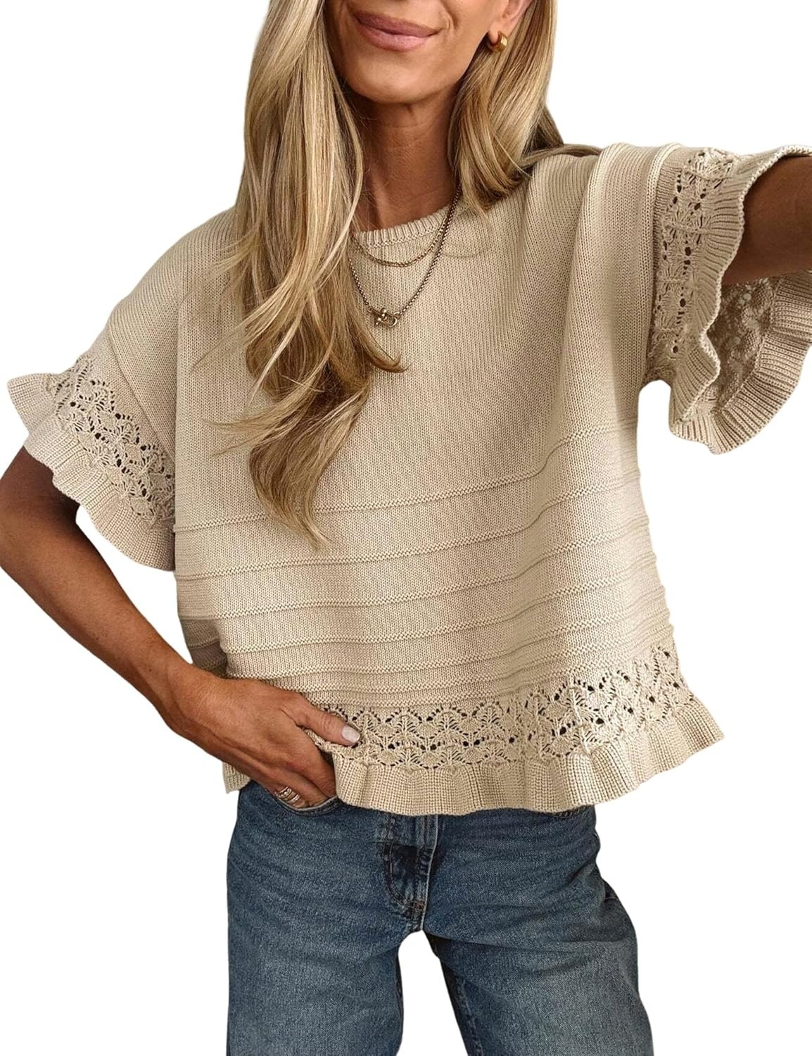 🔥Women's Short Sleeve Sweater Round Neck Ruffled Hem Knit Crochet Pullover Top