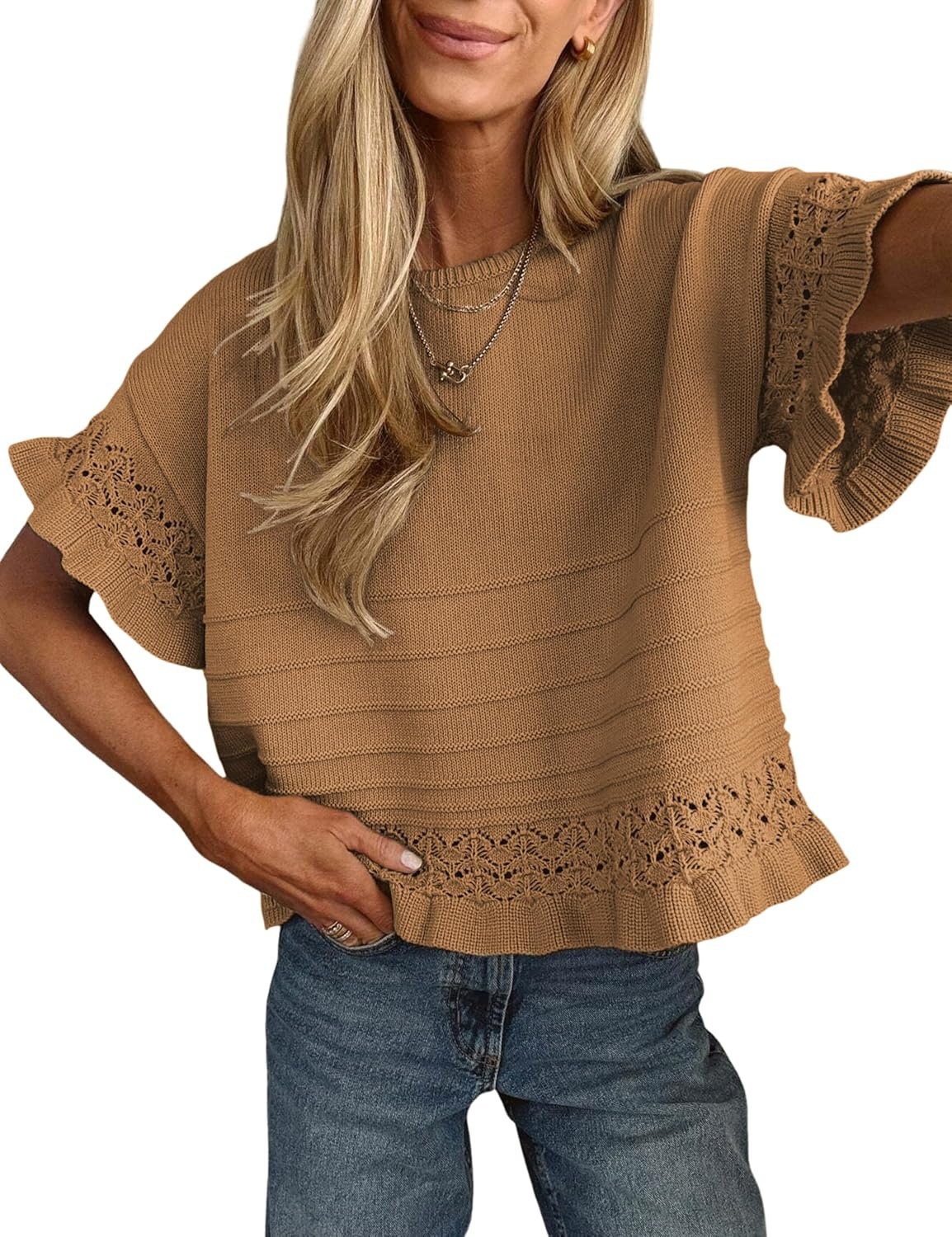 🔥Women's Short Sleeve Sweater Round Neck Ruffled Hem Knit Crochet Pullover Top