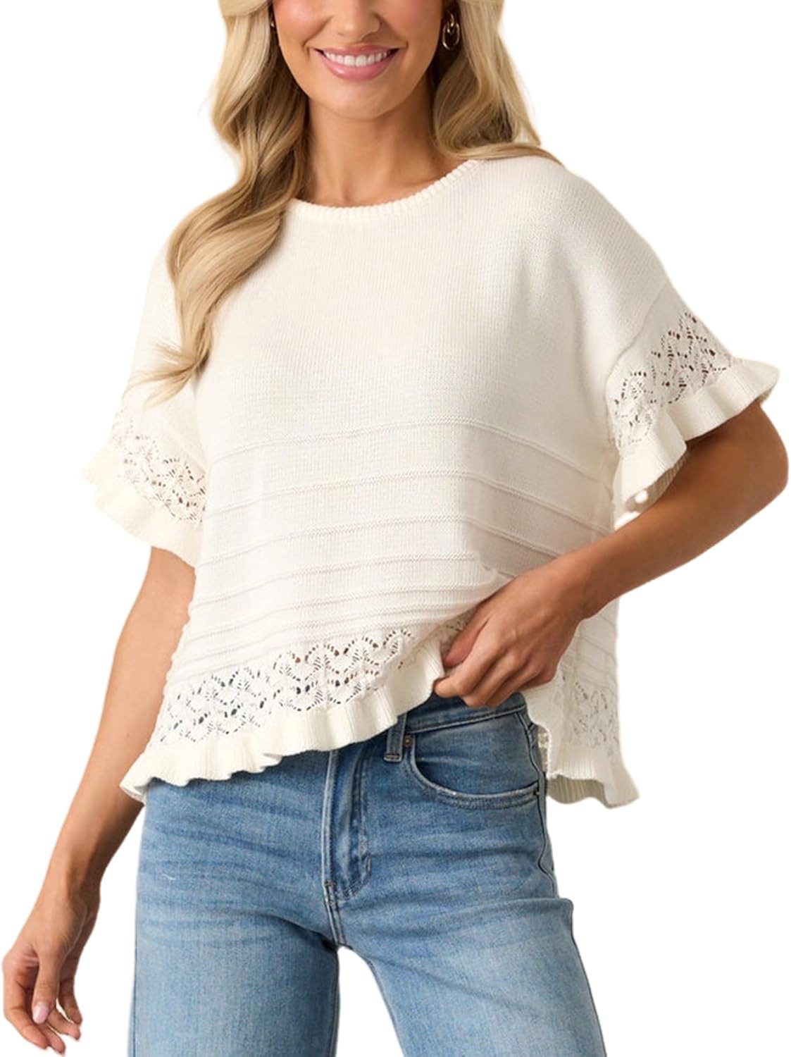 🔥Women's Short Sleeve Sweater Round Neck Ruffled Hem Knit Crochet Pullover Top