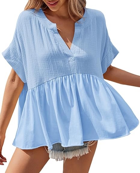 🔥Women's Babydoll Tops V Neck Short Sleeve Pleated Shirts