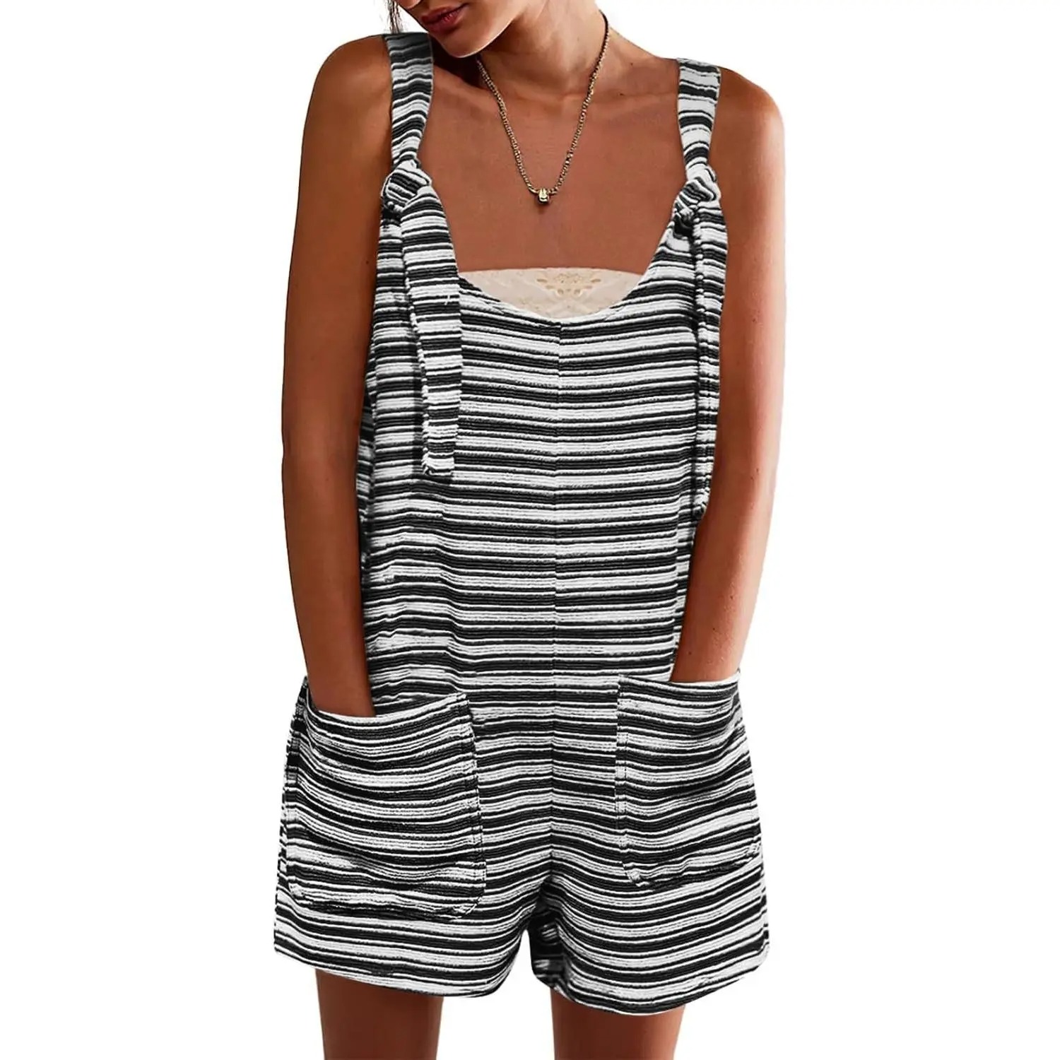 🔥Women's Sleeveless Loose Striped Tied Shorts Overalls Romper with Pockets